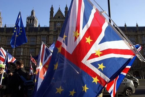 Протестиращи със знамена на Великобритания и ЕС