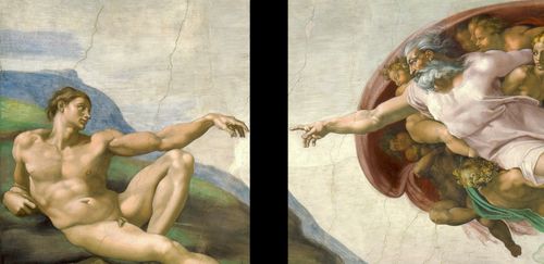 Картината „Сътворението на Адам“, разделена по средата
