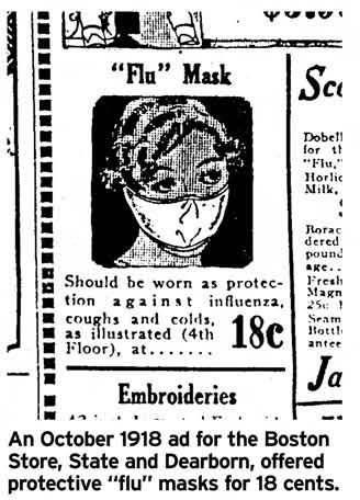 „Противогрипна маска. Да се носи, както е показано на картинката, като защита срещу инфлуенца, кашлица и настинки. 18 цента.“ Източник: State and Dearborn / Wikimedia